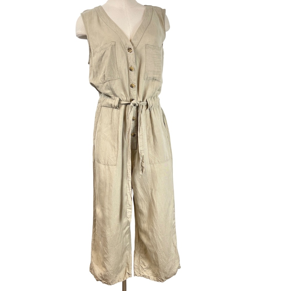A New Day Womens Tan‎ Linen Blend Sleeveless Button Front Jumpsuit Size M Crop